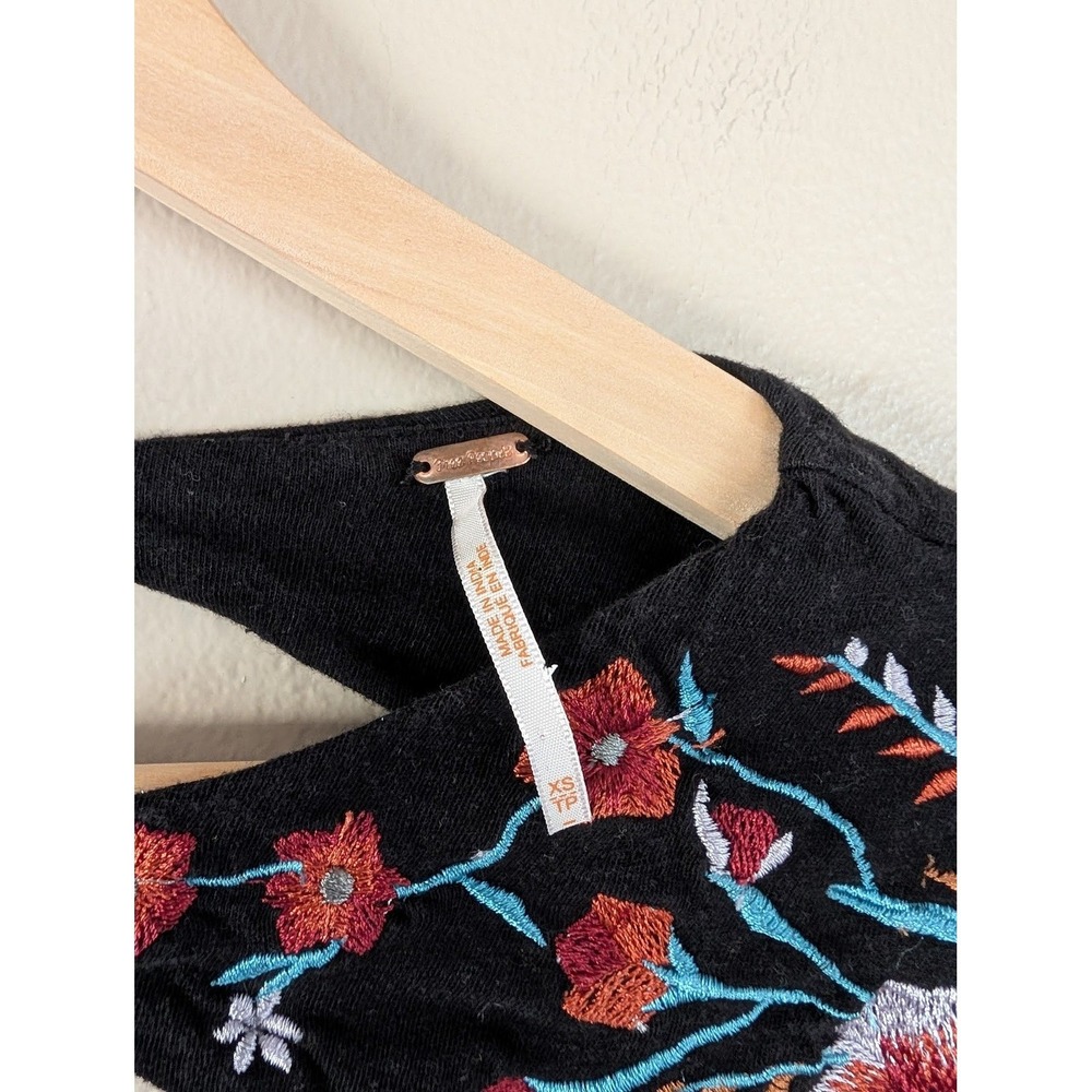Free People Embroidered Blouse XS Black Balloon Sleeve Boho Crop Floral Lolita - Picture 6 of 9